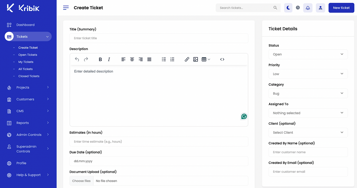 Creating a new ticket